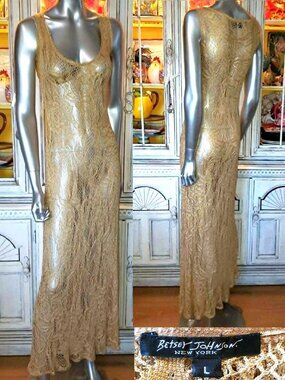 $SOLD$ Vtg Betsey Johnson Crochet Slip Dress New York 90s Gold Long Sheer Maxi